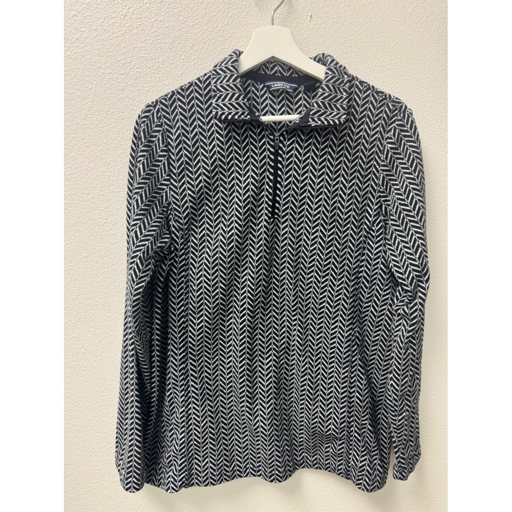 Lands' End Herringbone Pullover‎ Mock Neck Long Sleeve Top Black White M/T